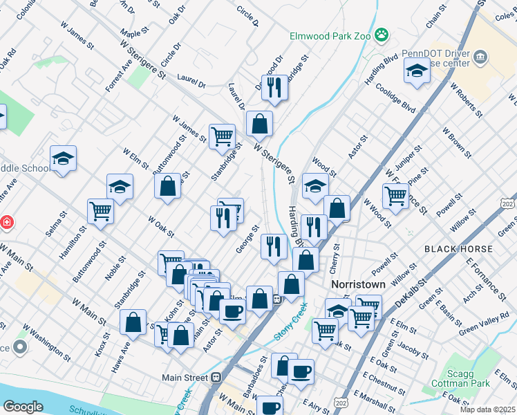 map of restaurants, bars, coffee shops, grocery stores, and more near 850 Kohn Street in Norristown