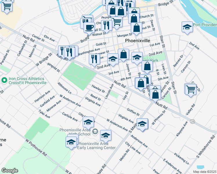 map of restaurants, bars, coffee shops, grocery stores, and more near 267 Morris Street in Phoenixville