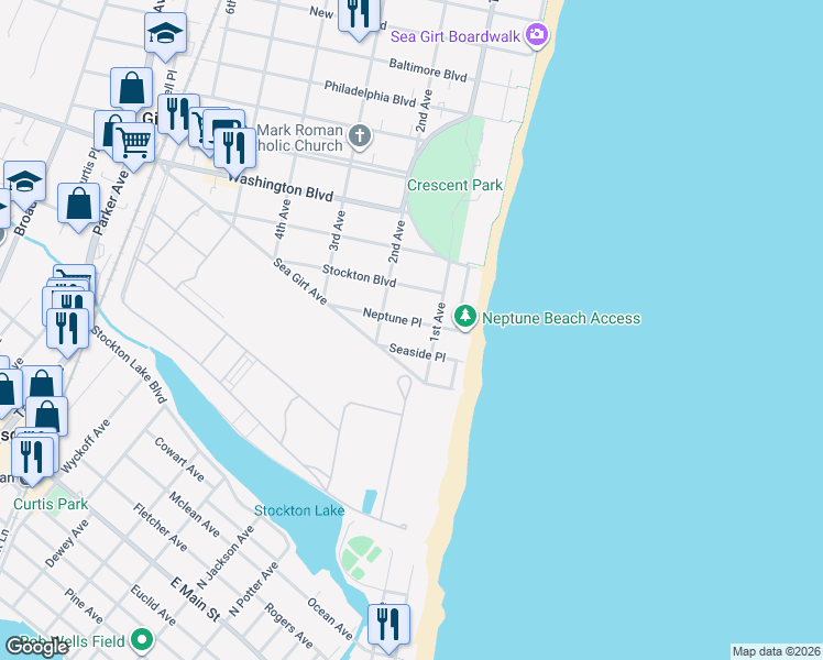 map of restaurants, bars, coffee shops, grocery stores, and more near 104 Neptune Place in Sea Girt