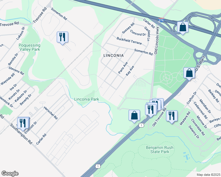 map of restaurants, bars, coffee shops, grocery stores, and more near 2377 Paris Avenue in Trevose