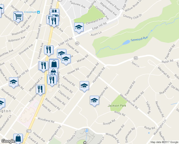 map of restaurants, bars, coffee shops, grocery stores, and more near 1826 Meadowbrook Road in Abington