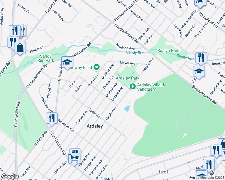 map of restaurants, bars, coffee shops, grocery stores, and more near 927 Central Avenue in Glenside