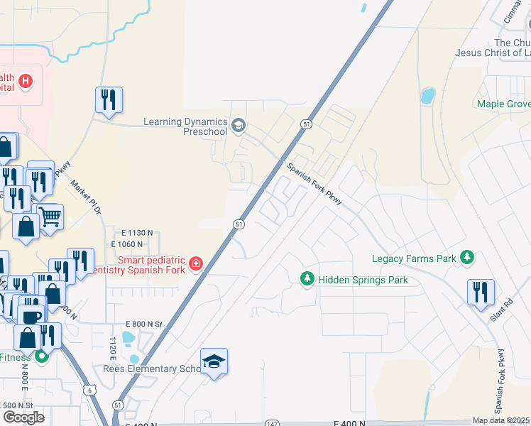 map of restaurants, bars, coffee shops, grocery stores, and more near 1673 Bullfrog Drive in Spanish Fork