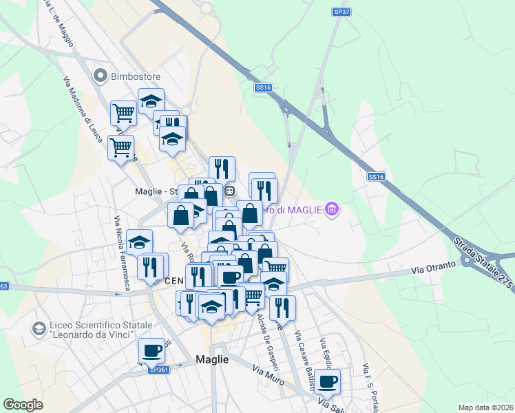 map of restaurants, bars, coffee shops, grocery stores, and more near 43 Via Circolone in Maglie