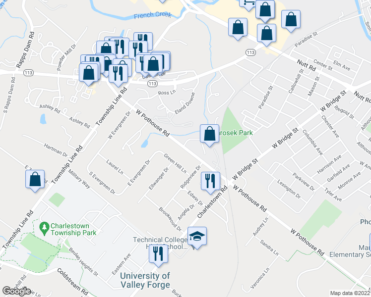 map of restaurants, bars, coffee shops, grocery stores, and more near 100 Harvest Lane in Phoenixville