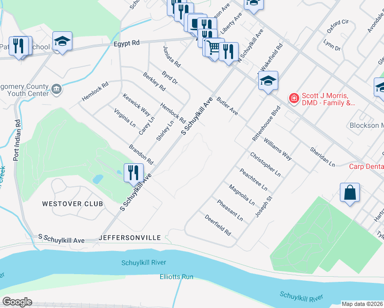 map of restaurants, bars, coffee shops, grocery stores, and more near 427 Brandon Road in Eagleville