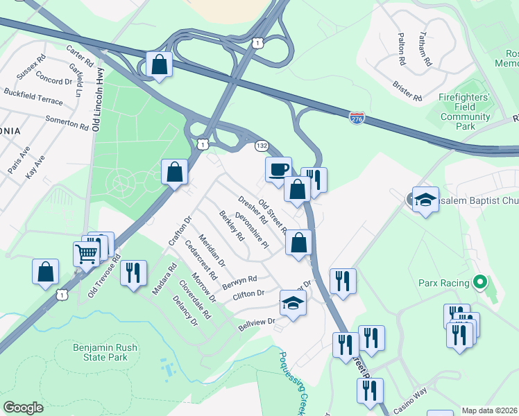 map of restaurants, bars, coffee shops, grocery stores, and more near 3715 Dresher Road in Bensalem