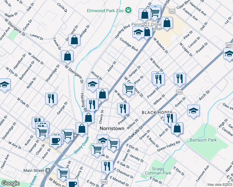 map of restaurants, bars, coffee shops, grocery stores, and more near 216 West Wood Street in Norristown
