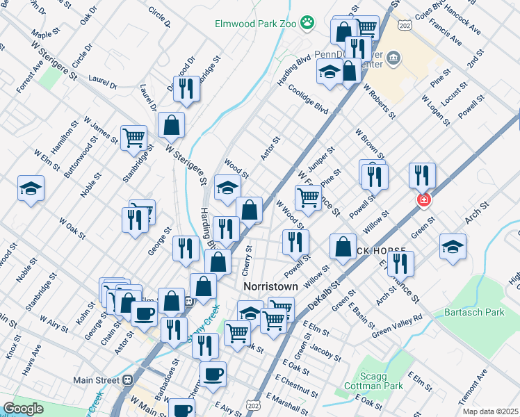 map of restaurants, bars, coffee shops, grocery stores, and more near 1211 Markley Street in Norristown
