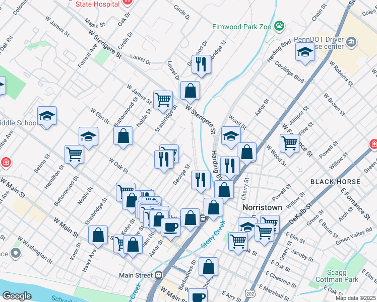 map of restaurants, bars, coffee shops, grocery stores, and more near 625 West Beech Street in Norristown