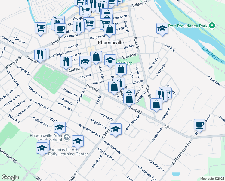 map of restaurants, bars, coffee shops, grocery stores, and more near 228 5th Avenue in Phoenixville