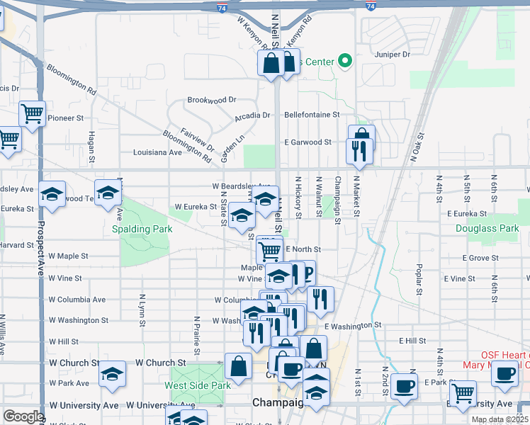 map of restaurants, bars, coffee shops, grocery stores, and more near 902 North Randolph Street in Champaign
