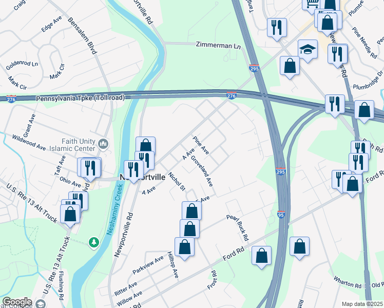 map of restaurants, bars, coffee shops, grocery stores, and more near 2602 A Avenue in Levittown