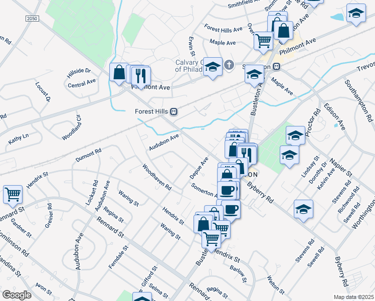 map of restaurants, bars, coffee shops, grocery stores, and more near 487 Pinewood Road in Philadelphia