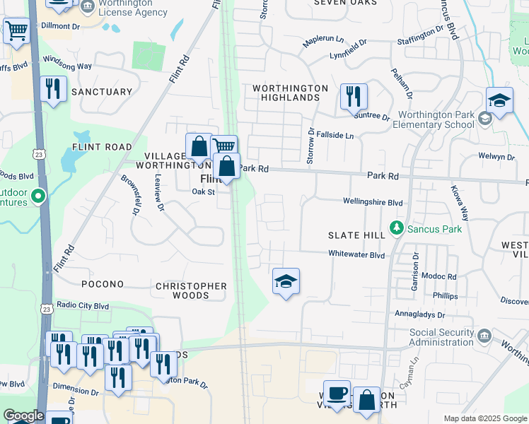 map of restaurants, bars, coffee shops, grocery stores, and more near 263 Park Road in Worthington