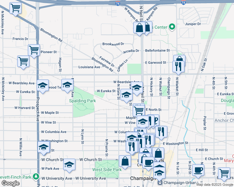 map of restaurants, bars, coffee shops, grocery stores, and more near 210 West Tremont Street in Champaign