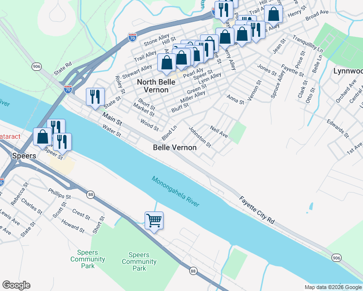 map of restaurants, bars, coffee shops, grocery stores, and more near 10 Sampson Street in Belle Vernon
