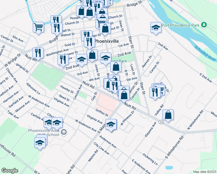 map of restaurants, bars, coffee shops, grocery stores, and more near 228 5th Avenue in Phoenixville