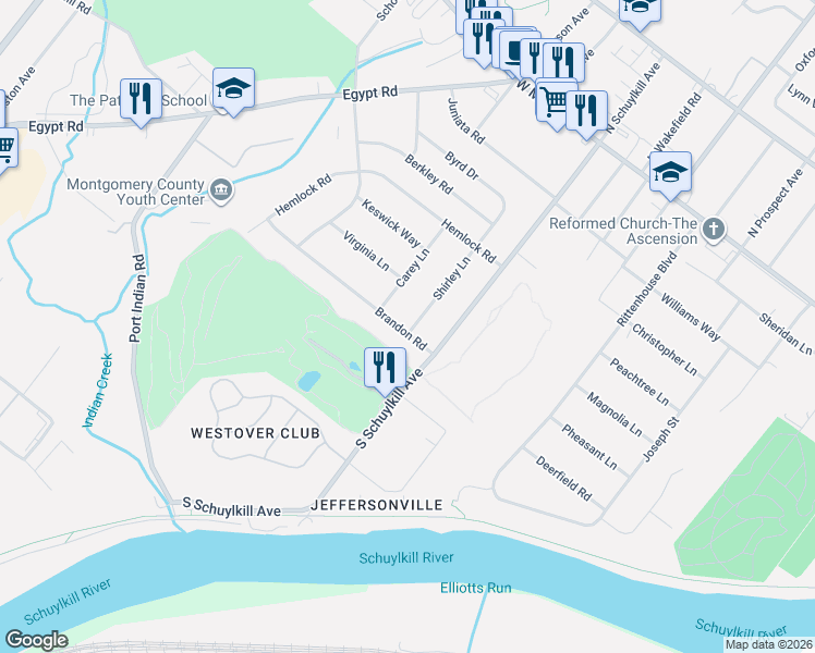 map of restaurants, bars, coffee shops, grocery stores, and more near 1910 Brandon Road in Eagleville