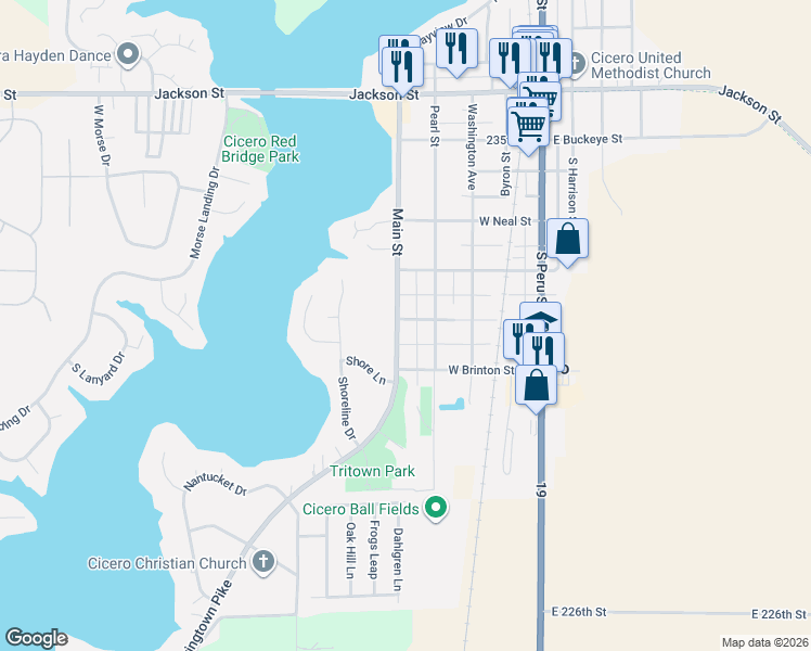 map of restaurants, bars, coffee shops, grocery stores, and more near 879 Main Street in Cicero