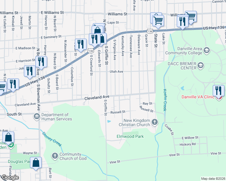 map of restaurants, bars, coffee shops, grocery stores, and more near 1301-1303 Cleveland Ave in Danville