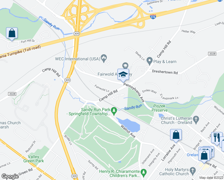 map of restaurants, bars, coffee shops, grocery stores, and more near 9 Camp Hill Road in Fort Washington