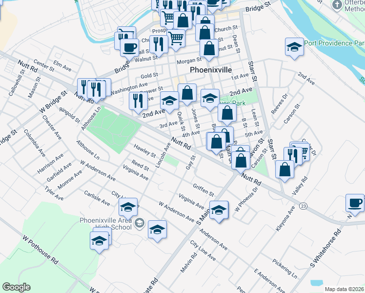 map of restaurants, bars, coffee shops, grocery stores, and more near 226 Nutt Road in Phoenixville