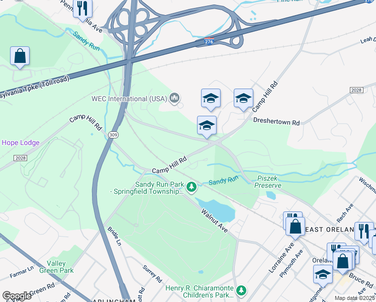 map of restaurants, bars, coffee shops, grocery stores, and more near 9 Camp Hill Road in Fort Washington