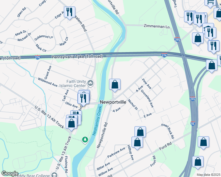 map of restaurants, bars, coffee shops, grocery stores, and more near 3605 Lower Road in Levittown