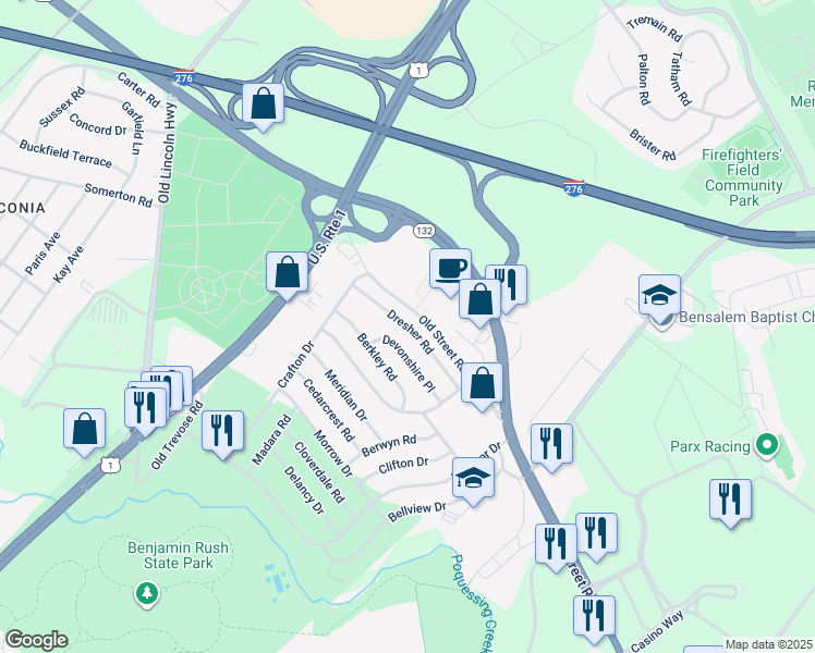 map of restaurants, bars, coffee shops, grocery stores, and more near 3746 Dresher Road in Bensalem