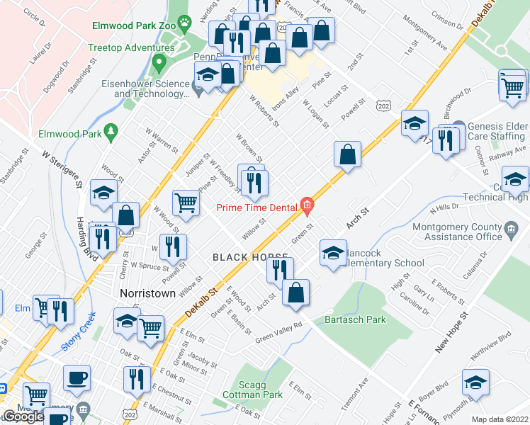 map of restaurants, bars, coffee shops, grocery stores, and more near 27 East Freedley Street in Norristown