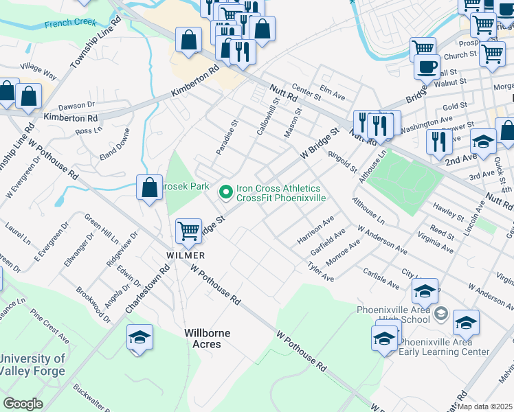 map of restaurants, bars, coffee shops, grocery stores, and more near 601 Deger Avenue in Phoenixville