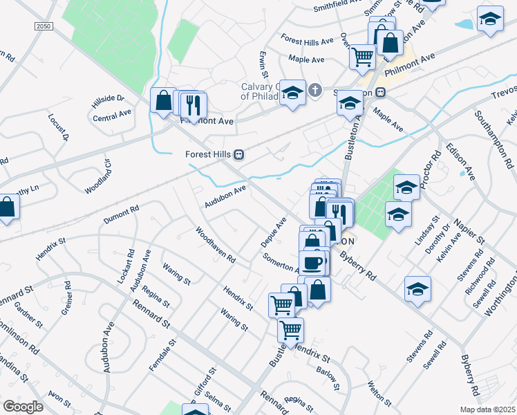 map of restaurants, bars, coffee shops, grocery stores, and more near 450 Byberry Road in Philadelphia