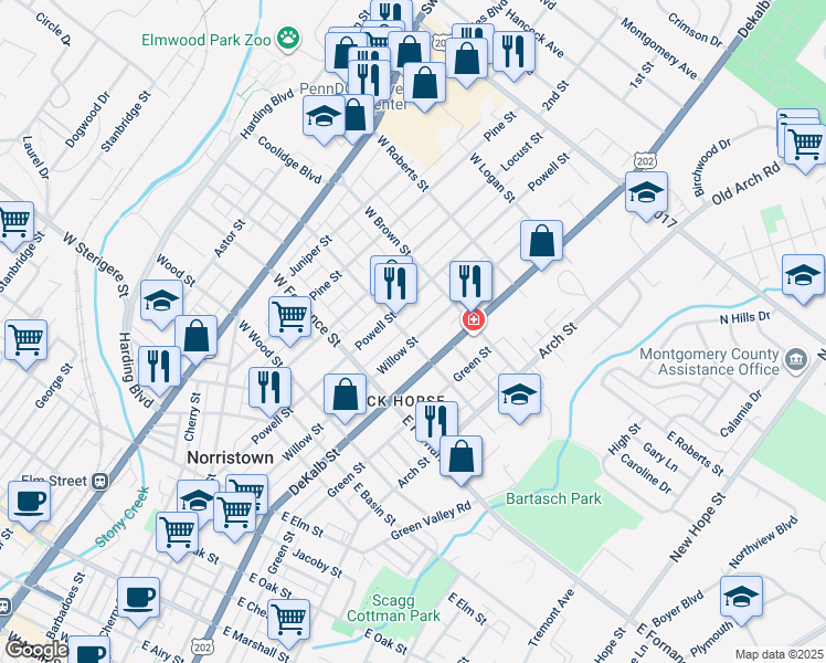 map of restaurants, bars, coffee shops, grocery stores, and more near 27 East Freedley Street in Norristown