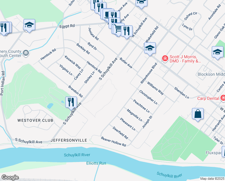 map of restaurants, bars, coffee shops, grocery stores, and more near 509 Brandon Road in Norristown