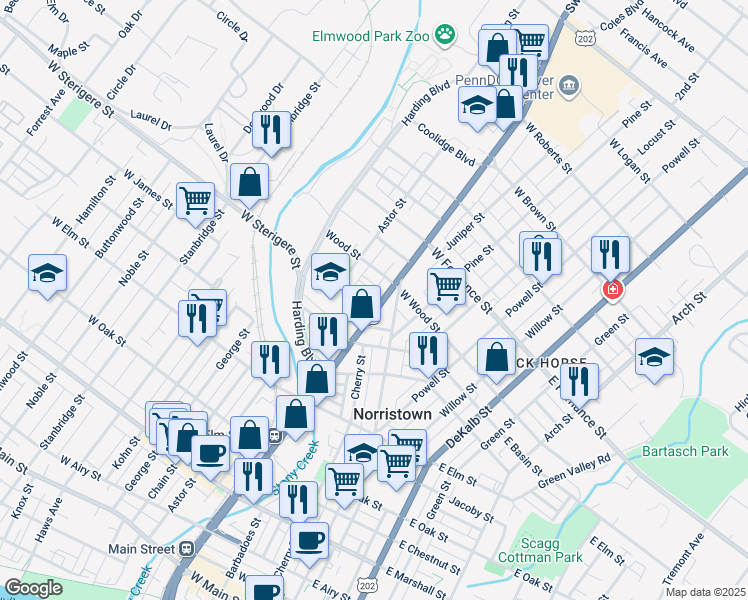 map of restaurants, bars, coffee shops, grocery stores, and more near 1211 Markley Street in Norristown