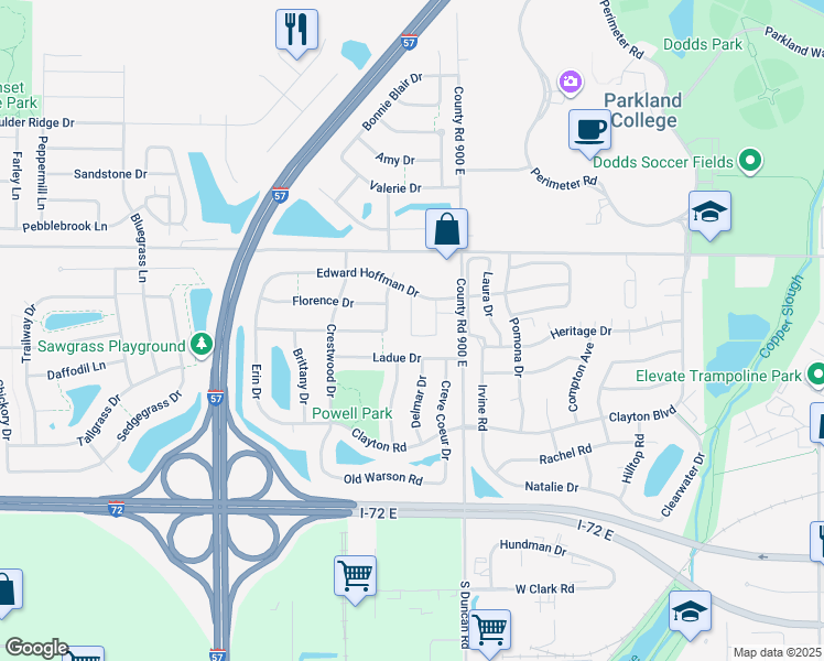 map of restaurants, bars, coffee shops, grocery stores, and more near 908 Berwick Drive in Champaign
