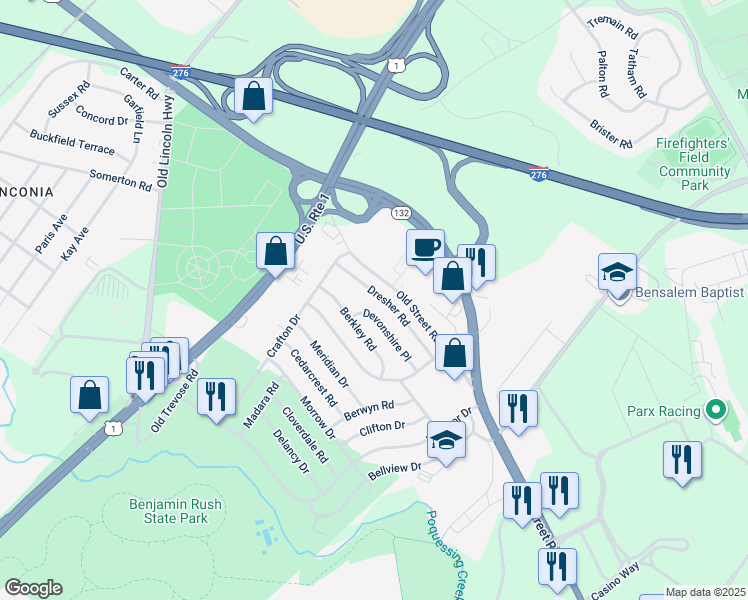 map of restaurants, bars, coffee shops, grocery stores, and more near 3762 Dresher Road in Bucks County