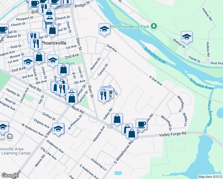 map of restaurants, bars, coffee shops, grocery stores, and more near 732 Cedar Drive in Phoenixville