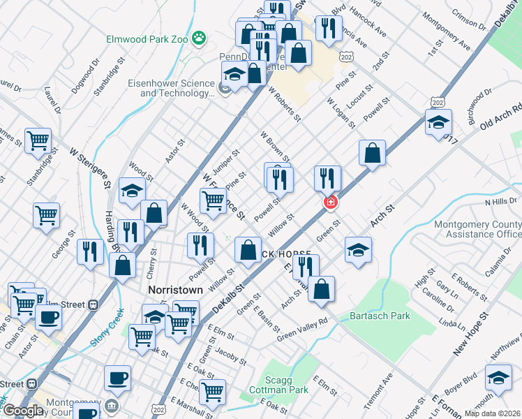 map of restaurants, bars, coffee shops, grocery stores, and more near 1420 Powell Street in Norristown