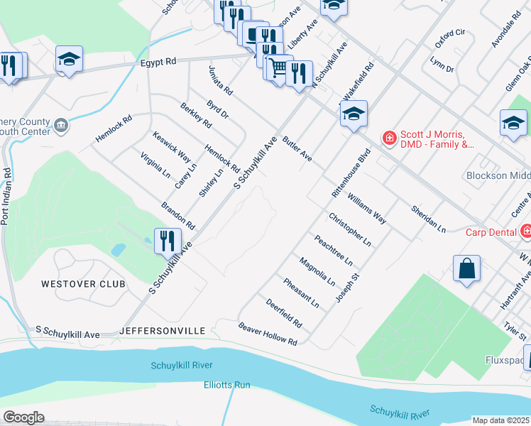 map of restaurants, bars, coffee shops, grocery stores, and more near 510 Brandon Road in Eagleville