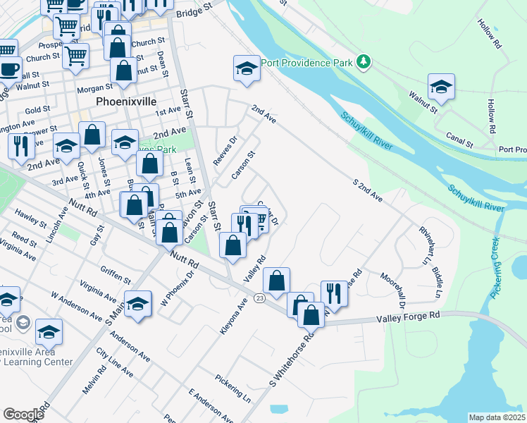 map of restaurants, bars, coffee shops, grocery stores, and more near 732 Cedar Drive in Phoenixville