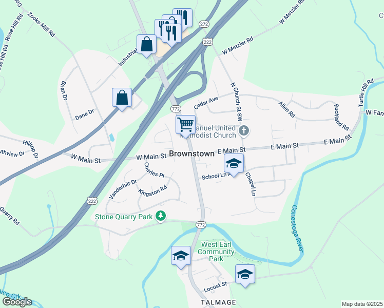 map of restaurants, bars, coffee shops, grocery stores, and more near 2 West Main Street in Brownstown