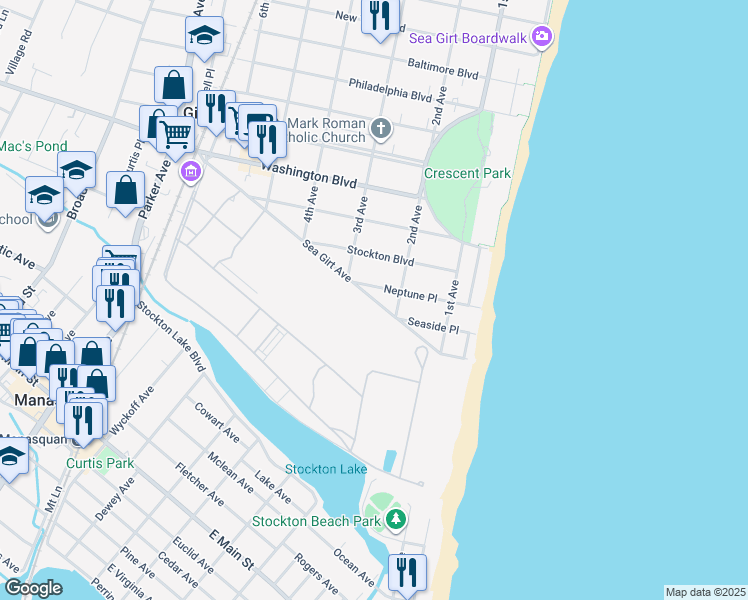 map of restaurants, bars, coffee shops, grocery stores, and more near 250 Sea Girt Avenue in Sea Girt