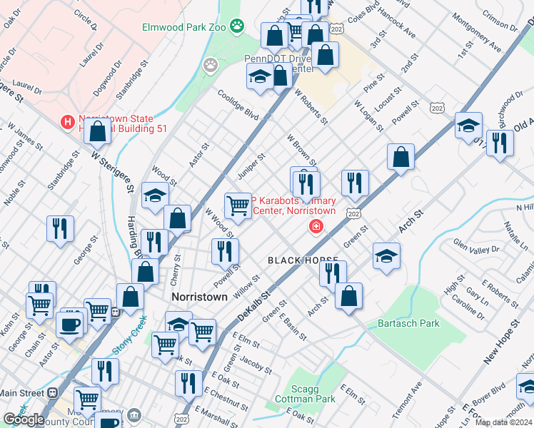 map of restaurants, bars, coffee shops, grocery stores, and more near 25 West Fornance Street in Norristown