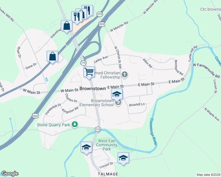 map of restaurants, bars, coffee shops, grocery stores, and more near 30 East Main Street in Ephrata