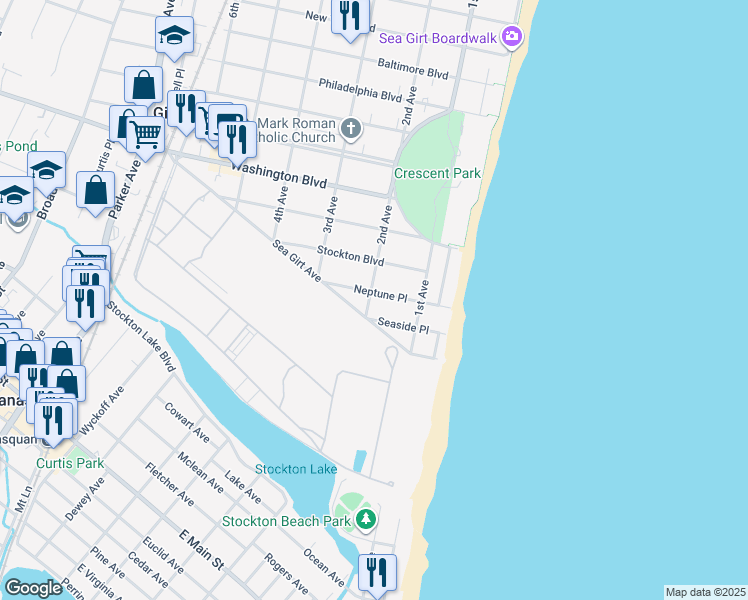 map of restaurants, bars, coffee shops, grocery stores, and more near 121 Seaside Place in Sea Girt