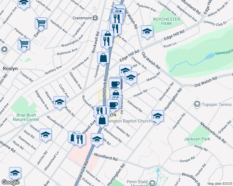 map of restaurants, bars, coffee shops, grocery stores, and more near 1495 Old York Road in Abington