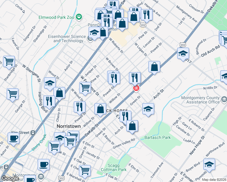map of restaurants, bars, coffee shops, grocery stores, and more near 28 East Freedley Street in Norristown