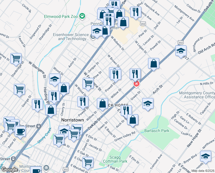 map of restaurants, bars, coffee shops, grocery stores, and more near 1420 Powell Street in Norristown